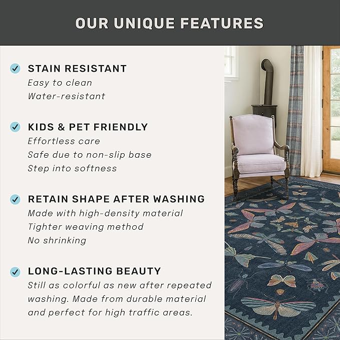 Boho Living Room Area Rug 6x9, Non Slip Dining Room Rugs for Under Table, Washable Soft Low Pile Bedroom, Vintage Insect Moth Dark Home Décor, Stain Resistant Carpet (Navy Blue)