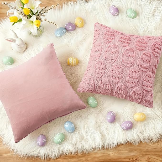 decorUhome Easter Pink Egg Pillow Covers 16x16 Inch Set of 2, Soft Plush Faux Wool Jacquard Cushion Covers, Farmhouse Neutral Fuzzy Spring Easter Holiday Decor for Couch Sofa Bed