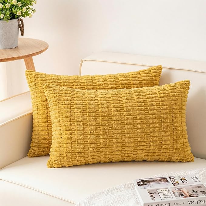 Pack of 2 Corduroy Decorative Throw Pillow Covers 12x20 InchSoft Boho Striped Pillow Covers Modern Farmhouse Home Decor for Sofa Living Room Couch Bed（Yellow）