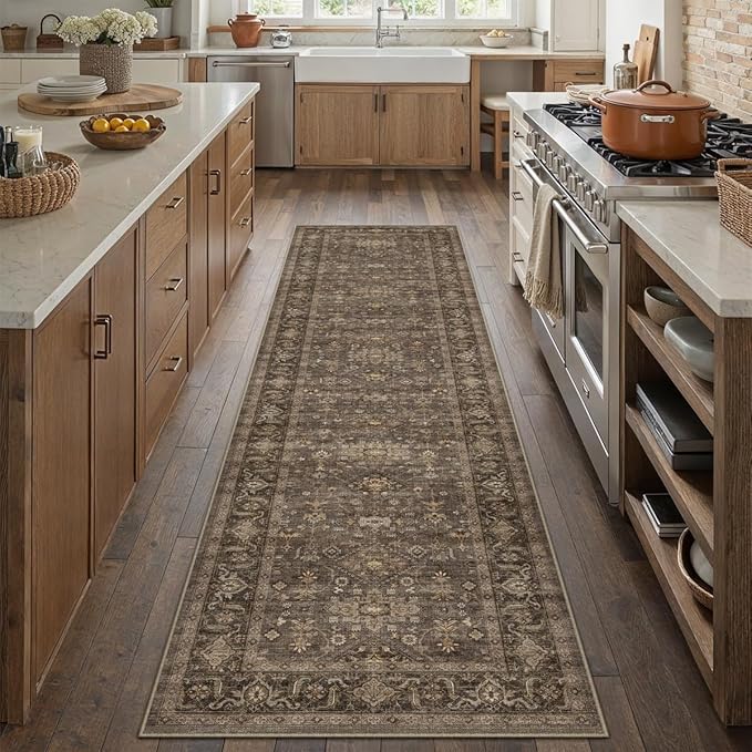 2x8 Washable Runner Rug for Hallway Kitchen Vintage Brown Non Slip Low Pile Carpet Traditional Retro Soft Throw Rug for Bathroom Bedroom Entryway Indoor Entrance