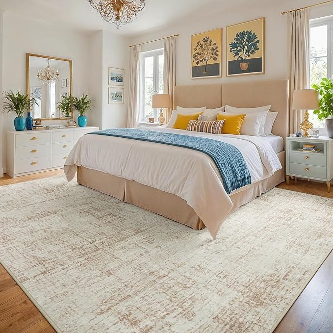 6x9 Area Rugs for Living Room Washable Rug: Anti-Skid Abstract Modern Living Room Rug Soft Thin Carpets Indoor Floor Non-Shedding Carpet for Bedroom Dining Farmhouse Nursery Home Office Beige White