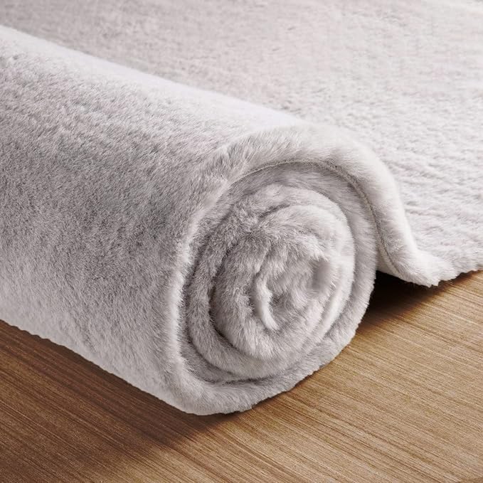 ORINOVA Fuzzy Grey Fluffy Washable Runner Rugs for Hallway 2x10 Plush Faux Rabbit Furry Fur Rugs for Bedroom Living Room Home Décor