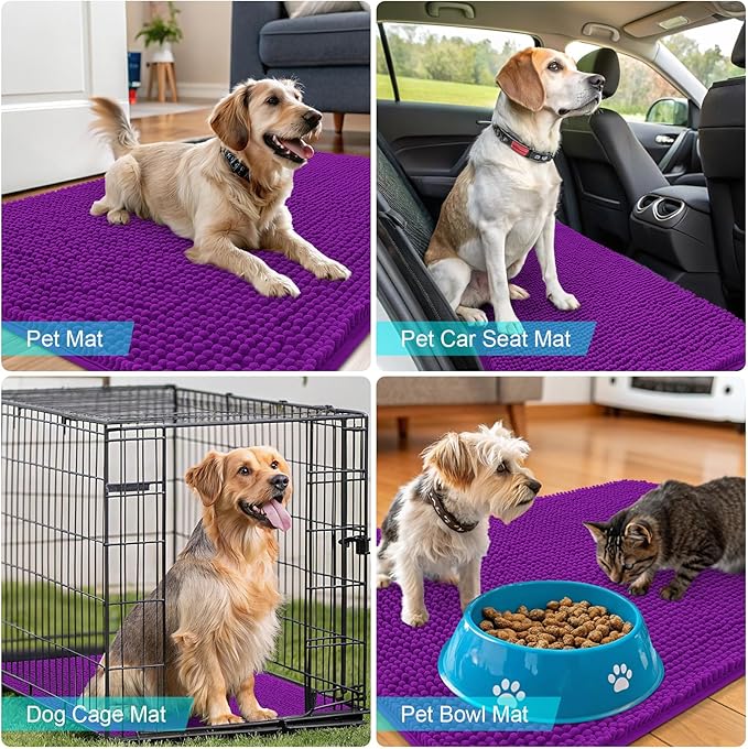 OLANLY Dog Door Mat for Muddy Paws 47x32, Absorbs Moisture and Dirt, Absorbent Non-Slip Washable Doormat, Quick Dry Chenille Mud Mat for Dogs, Entry Indoor Entryway Carpet for Inside Floor, Purple
