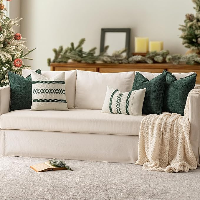MIULEE Pack of 2 Christmas Pillow Covers 20x20 Inch Dark Green Farmhouse Decorative Throw Pillow Covers with Stitched Edge Soft Chenille Solid Dyed Couch Pillow Covers for Sofa Bed Living Room