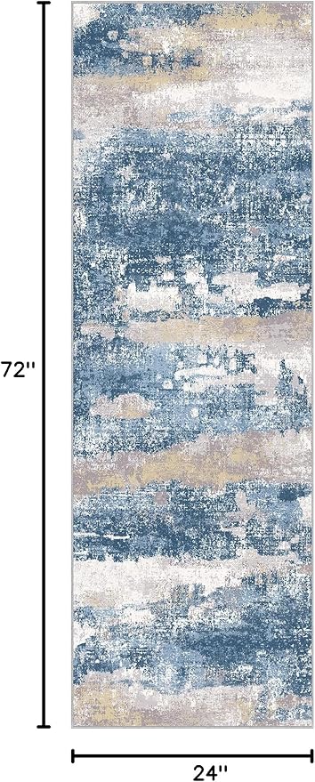 Runner Rug for Hallway Kitchen 2x6 Machine Washable Runners Rug for Entryway, Blue Cream Soft Modern Abstract Throw Rugs, Floor Carpet with Non Slip Rubber Backing