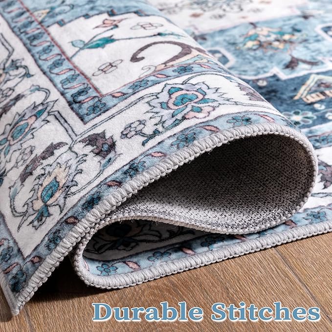 SERISSA Area Rug 4x6 Boho Rugs for Bedroom, Vintage Blue Washable Non Slip Rugs, Ultra Soft Print Distressed Low-Pile Throw Rug Carpet for Nursery Dorm Kitchen Living Room Decor