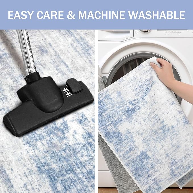 IOHOUZE Abstract Area Rugs 6x9 Ft Washable Rugs for Living Room, Non Slip Dining Room Rug, Printed Faux Wool Rugs for Bedroom, Floor Carpet for Office Nursery Playroom, Light Blue Grey