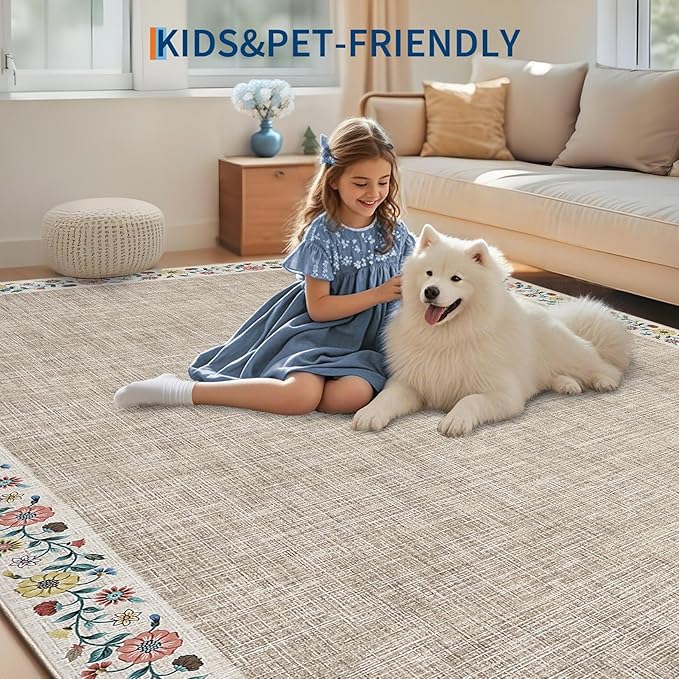 GarveeHome Entryway Rug 2x6 Modern Bordered Runner Rug Washable Kitchen Runners for Hallway Non-Slip Low-Pile Soft Carpet Floral Print Bathroom Mat for Bedroom Laundry Room, Light Camel