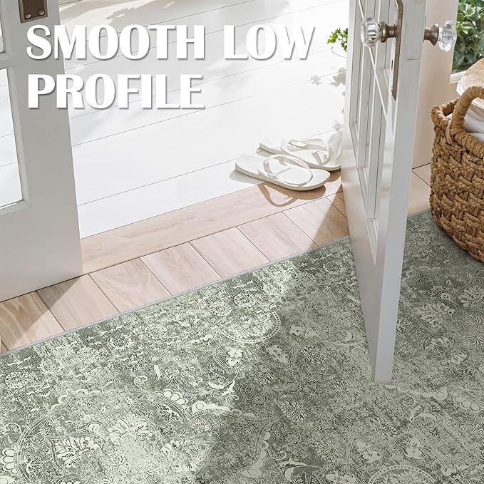 3x20 Washable Hallway Runner Rug - Non Slip Kitchen Runner Rugs with Rubber Backing Vintage Low-Pile Carpet Runners for Entryway Dining Room Laundry Room Home Decor (Muted Sage Green)