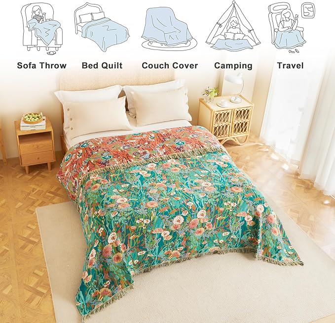 MSGKV Boho Throw Blanket 60"x80" Floral Blankets for Bed 100% Cotton Twin Size Couch Blanket Lightweight Farmhouse Muslin Spring Breathable Home Decor All Seasons