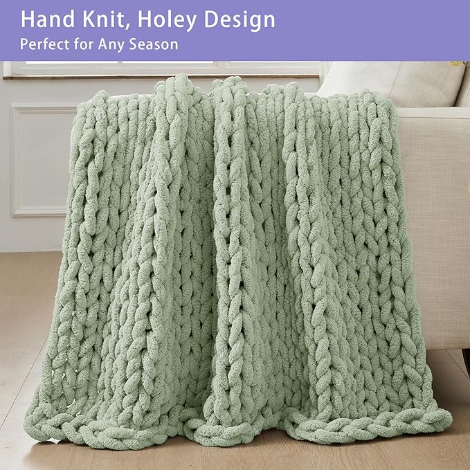Bigacogo Chunky Knit Throw Blanket for Couch, 40x80 inches, 100% Hand Knitted with Thick Jumbo Chenille Yarn, Cozy Soft Large Rope Knot Cable Crochet Blankets for Sofa Bed Living Room, Sage Green