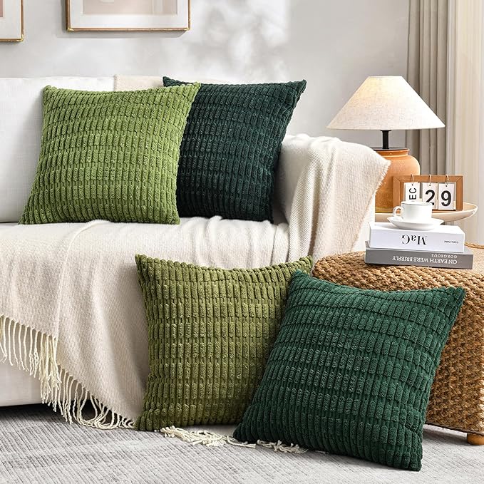 Fancy Homi Set of 4 Green Boho Decorative Throw Pillow Covers 16x16 Inch for Couch Bed Sofa, Aesthetic Modern Bohemian Room Decor, Soft Fuzzy Fluffy Cozy Corduroy Cushion Case 40x40cm