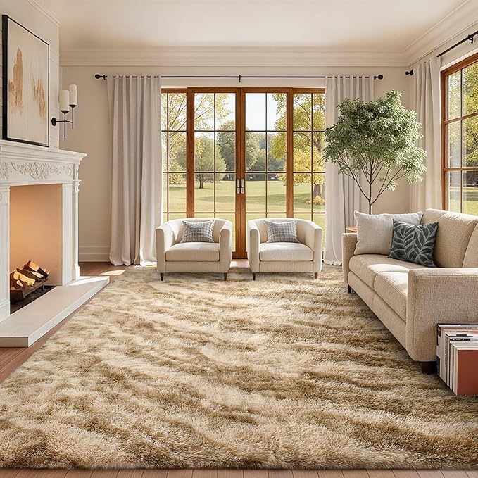 Area Rugs for Living Room, Tie-Dyed 5x7 Feet Soft Fluffy Shagg Plush Rug High Pile Large Indoor Modern Non-Slip Floor Carpet for Bedroom Nursery Kids Home Room Dorm Decor Aesthetic Khaki