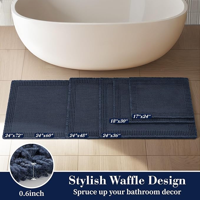 RESARE Waffle Bath Mat for Bathroom, Super Absorbent Bathroom Rugs Non Slip Machine Washable, Ultra Soft Quick Dry Boho Bath Rugs with Tassels for Floor, Upgraded Bordered Design, 18"x30" Navy