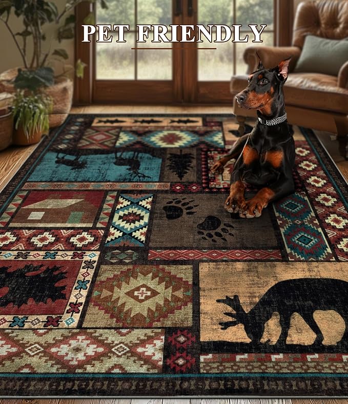 YIHOUSE Rustic Cabin Area Rug 8x10,Machine Washable Lodge Bear Rug,Non-Slip Low Pile Print Pattern Southwestern Rug for Living Room Bedroom