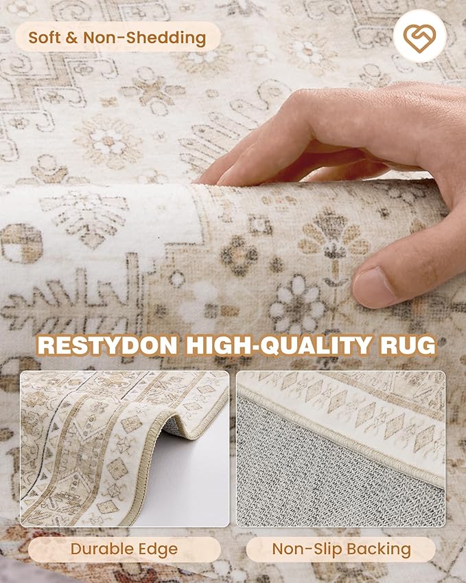 2x5 Rug Runner Washable for Entryway, Soft Bathroom Rugs with Non-Slip Backing,Vintage Low Pile Stair Runner, Small Kitchen Carpet for Hallways, Laundry Room(Cream/Beige,2'x5')