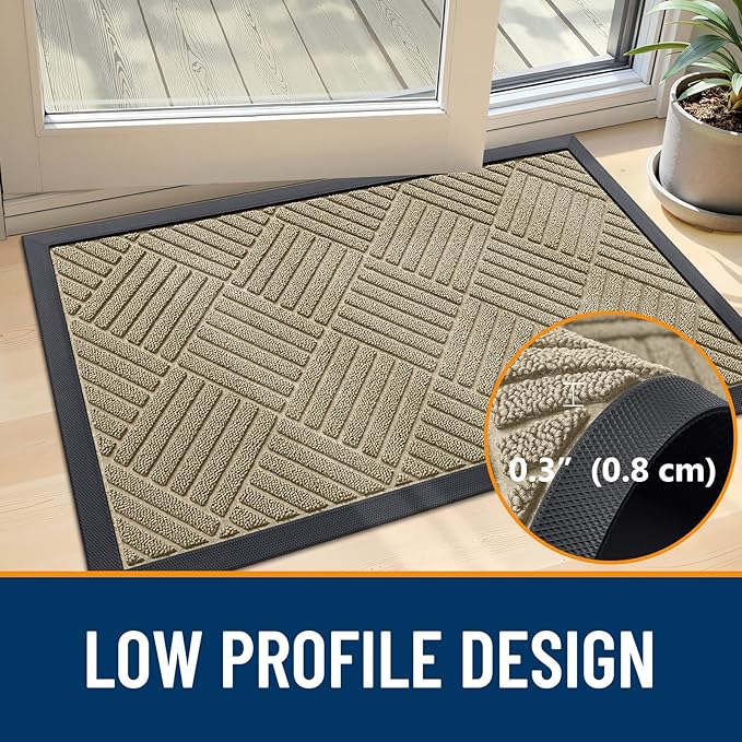 OLANLY Front Door Mat Outside Entrance 59x23, Absorbent, Heavy Duty Sturdy Natural Rubber Doormat Indoor Outdoor, Stain and Fade Resistant, Non-Slip Low Profile Floor Mat for Entryway, Beige Diamond