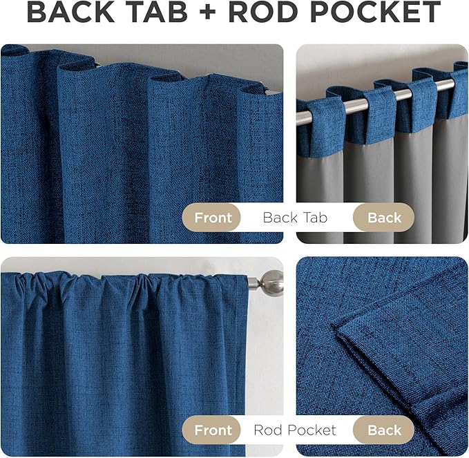Joydeco Linen Blackout Curtains for Bedroom - 100% Light Blocking 1 Panels, Navy Blue Drapes 70" W x 108" L, Thermal Insulated Room Darkening Curtains for Living Room, Rod Pocket & Back Tabs