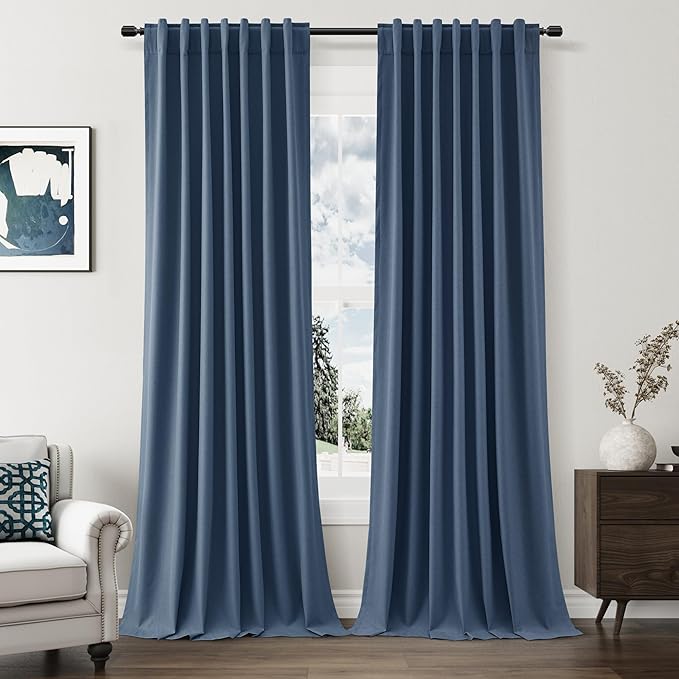 Guken 100% Blackout Curtains 108 Inch Length 2 Panels Set for Living Room Bedroom Back Tab Thermal Insulated Black Out Linen Drapes Room Darkening Window Curtains 108 Inches Long,Denim Blue