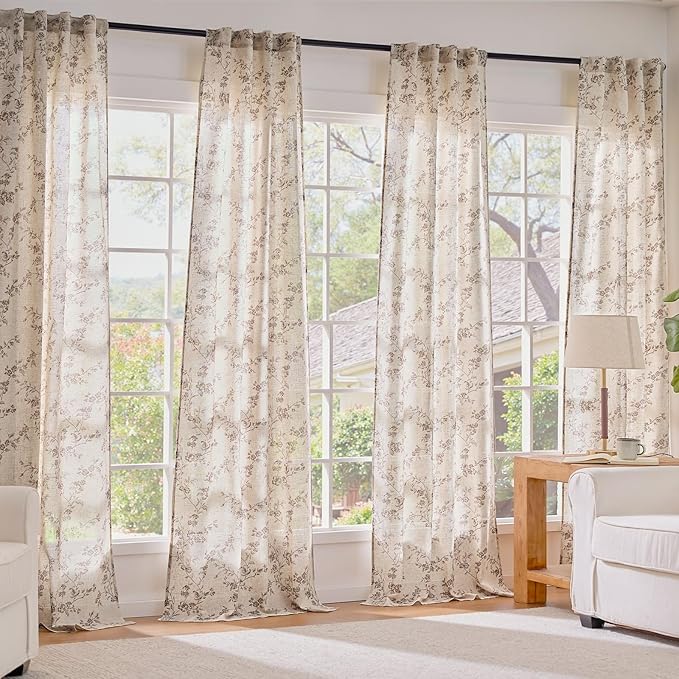 Lazzzy Floral Linen Curtains Farmhouse Extra Long Curtain for Living Room Bedroom Light Filtering Vintage Rod Pocket Back Tab Drapes for Home, 2 Panels, Taupe on Beige, W38 X L108
