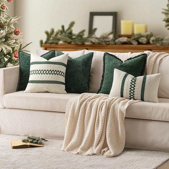 MIULEE Pack of 2 Christmas Pillow Covers 20x20 Inch Dark Green Farmhouse Decorative Throw Pillow Covers with Stitched Edge Soft Chenille Solid Dyed Couch Pillow Covers for Sofa Bed Living Room