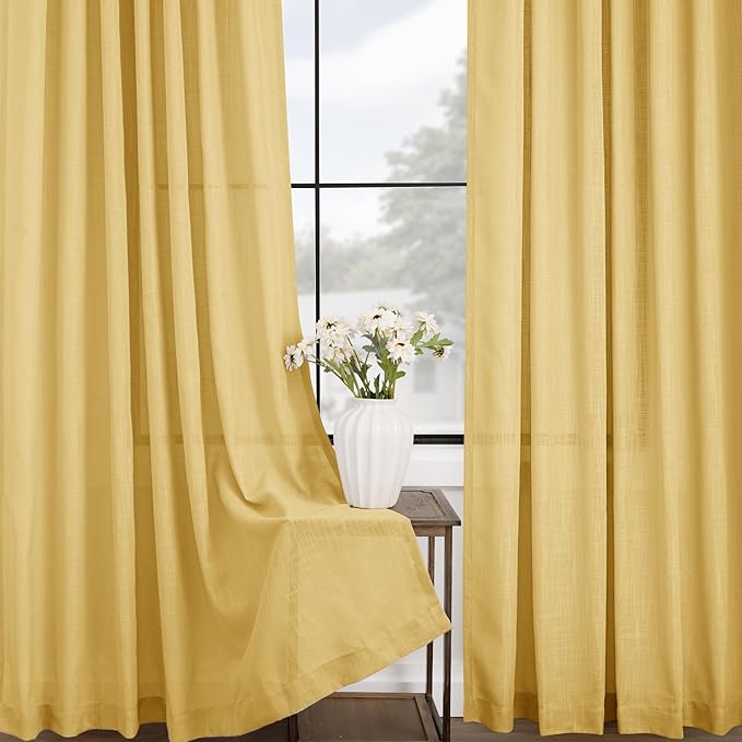Gold Curtains for Living Room Back Tab Modern Farmhouse Semi Sheer Curtains 84 inches Long 2 Panels Set Muted Neutral Window Curtain for Dining Room Bedroom 52x84