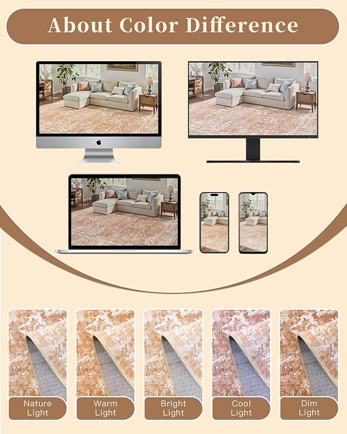 Madane 9x12 Area Rugs for Living Room, Machine Washable Vintage Rug with Non-Slip Backing, Soft Floral Print Large Throw Rugs, Thin Carpet for Bedroom Dining Room Farmhouse (9 x 12, Jasper Orange)