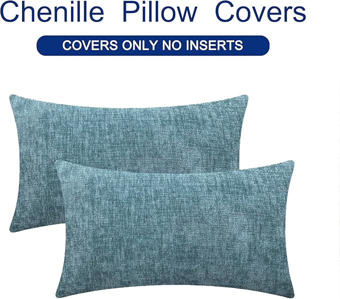 CaliTime Throw Pillow Covers Decorative 12 X 20 Inches Pack of 2 Cozy Chenille Cushion Cases for Couch Sofa Bed Living Room Home Smoke Blue