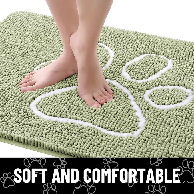 Smiry Dog Door Mat for Muddy Paws, Absorbent Dirt Trapper Non Slip Quick Dry Washable Chenille Mat for Mud Dogs, Entry Rug for Indoor and Outdoor (36x24 Inches, Sage Green and White)