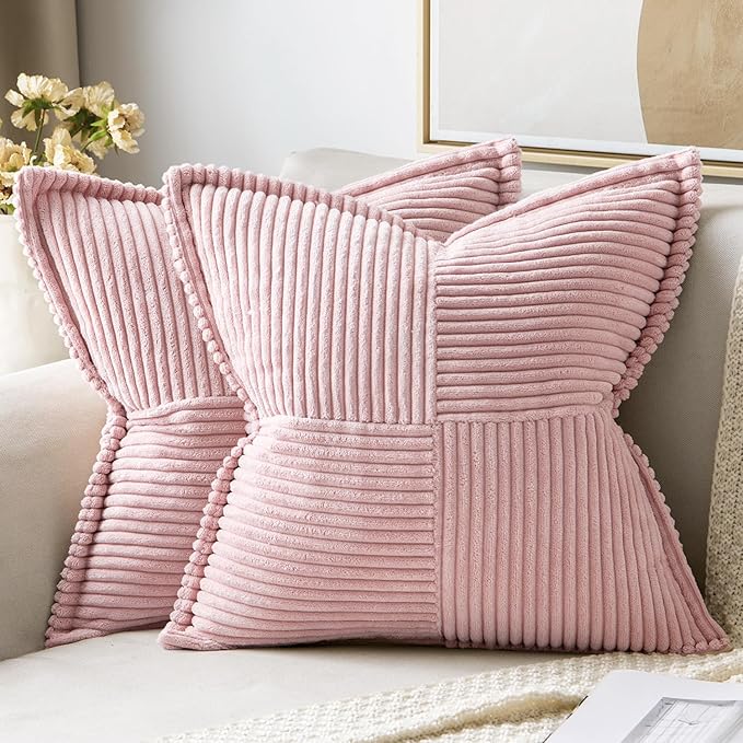 MIULEE Pink Corduroy Decorative Euro Sham Pillow Covers 24x24 Inch with Splicing Set of 2 Soft Boho Pillow Covers Broadside Textured Pillowcases for Couch Bed Livingroom