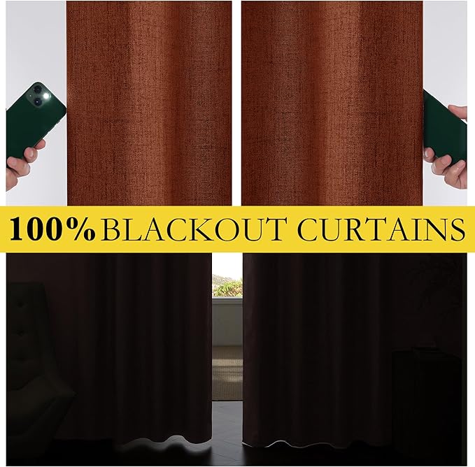 NICETOWN 100% Absolutely Blackout Linen Curtains with Thermal Insulated Liner, 62" Wide, 2 Panels, 63" Long Drapes, Grommet Retro Burnt Orange Linen Curtains Vertical Drapes Privacy for Kitchen