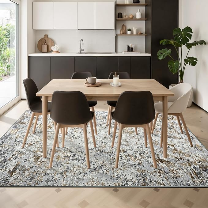 Toneed Abstract Area Rug Modern Washable Rug Soft Non Slip Rug Low Pile for Bedroom Living Room Dining Room Brown/Grey 6x9 Feet