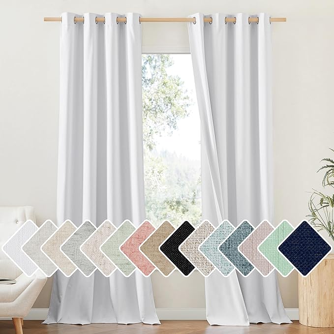 NICETOWN 100% Absolutely Blackout Linen Curtains with Thermal Insulated White Liner, White, 52 inches Wide, 102 inches Length Energy Saving Curtains for Living Room 2 Panels Set, Vertical Blinds
