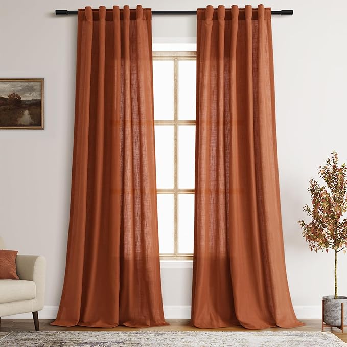 Terracotta Linen Textured 96 Inch Curtains 2 Panel Set Back Tab Rod Pocket Sheer Boho Room Decor Aesthetic Curtains Brick Burnt Orange Burlap Look Curtain Drapes for Living Room Bedroom 8Ft 40x96