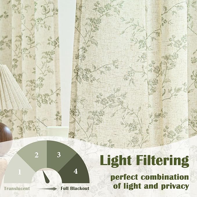 Lazzzy Farmhouse Linen Curtains Green Floral Curtains 96 Inch Length Back Tab Drapes for Living Room Bedroom Light Filtering Country Vintage Rod Pocket Curtain, 2 Panels, Green on Beige