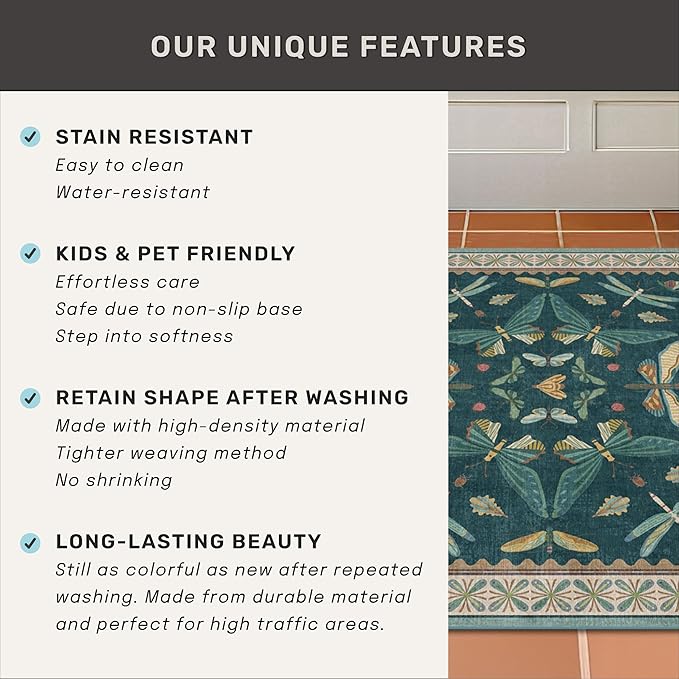 Hazo Haus Insect Blue Green Living Room Rug 5x8 - Washable Area Rug for Bedroom, Dining Room, Kids Playroom, Home Office, Boho Butterfly Non Slip Stan Resistant