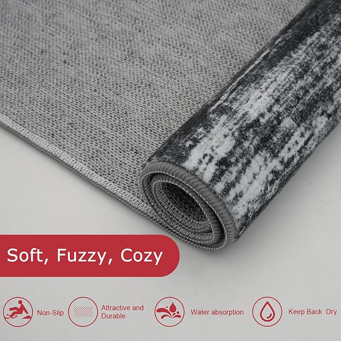 KOZYFLY Modern Abstract Small Area Rugs, 2x3 Washable Kitchen Rug Non-Slip Soft Small Bathroom Rug, Black Navy Blue Grey Striped Entryway Rugs Faux Wool Doormat for Bedside Entrance Bedroom Sink