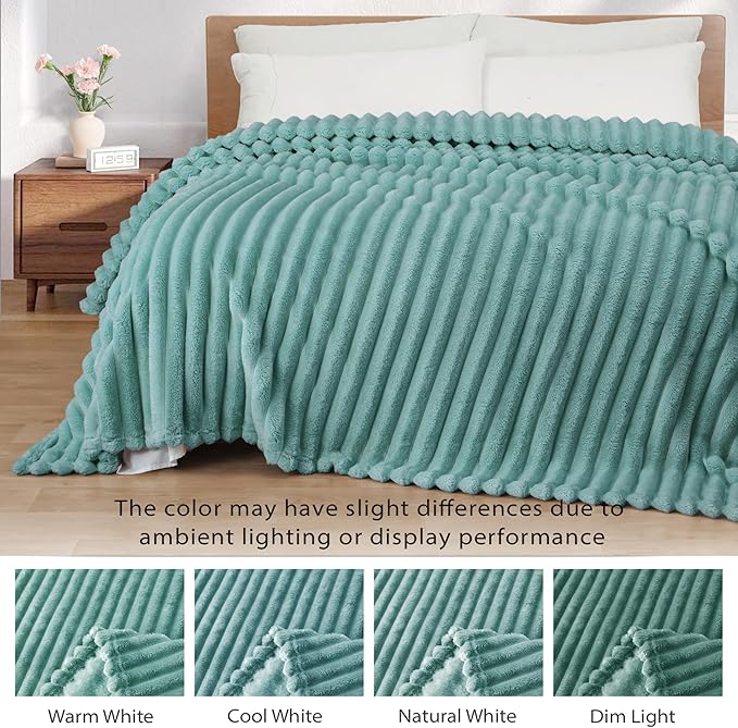 Exclusivo Mezcla King Size Flannel Fleece Blanket, Super Soft Striped Jacquard Bed Blanket, Lightweight Fuzzy Cozy for All Seasons, 90x104 Inches, Celadon