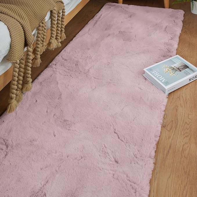 ORINOVA Fluffy Pink Washable Runner Rugs for Bedroom Fuzzy Faux Rabbit Shag Fur Rug for Living Room Furry Runner Rugs for Hallway 2x8 Nursery Rug