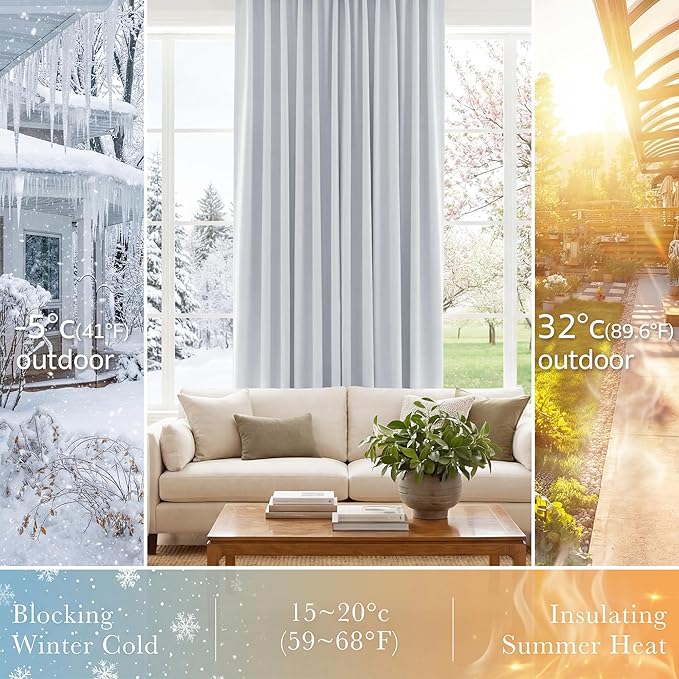 PONY DANCE 60% Light Blocking Curtains 95 inch Long, Room Darkening Curtains for Bedroom, Thermal Insulated Drapes for Living Room Window with Back Tab, 52 x 95 Inch,2 Panels Set, Greyish White