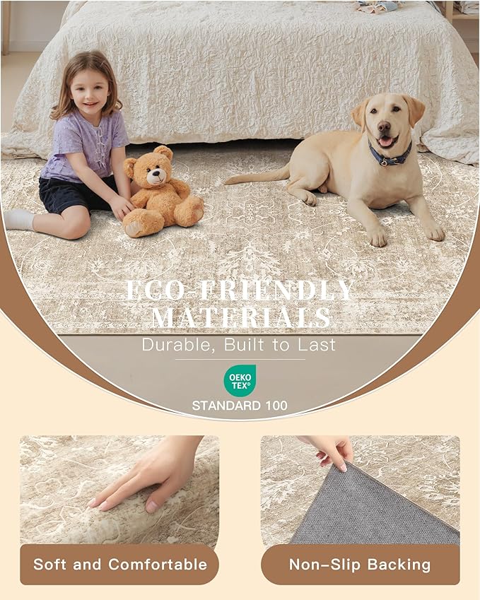Madane 2x3 Washable Rugs for Entryway, Low Pile Non-Slip Small Area Rug Kitchen Door Mat, Vintage Soft Throw Neutral Rug Floor Mat for Indoor Front Entrance Bathroom Hallway (2 x 3, Beige/Brown)