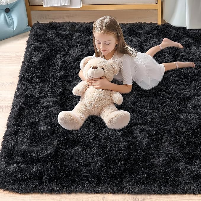 Pionblank Super Fluffy Area Rug for Living Room 5x7 Feet, Modern Indoor Shaggy Carpet, Soft Plush Non Slip Rugs for Bedroom Kids Room Cloakroom Home Decor, Black