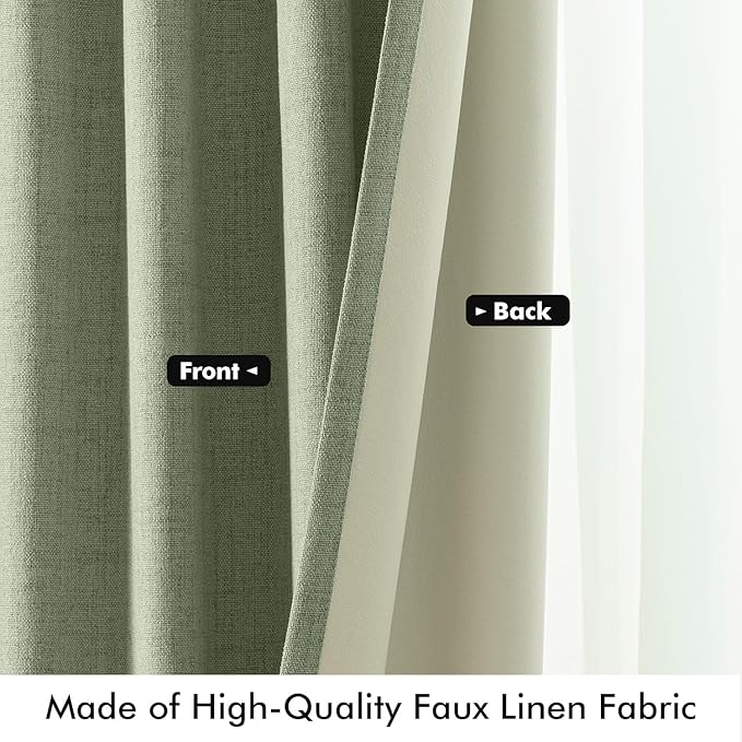 MIULEE 100% Blackout Linen Curtains for Bedroom, Sage Green Solid Luxury Decor Thermal Insulation Room Darkening Drapes for Living Room Nursery Back Tab Rod Pocket 42 x 96 Inches, 2 Panels