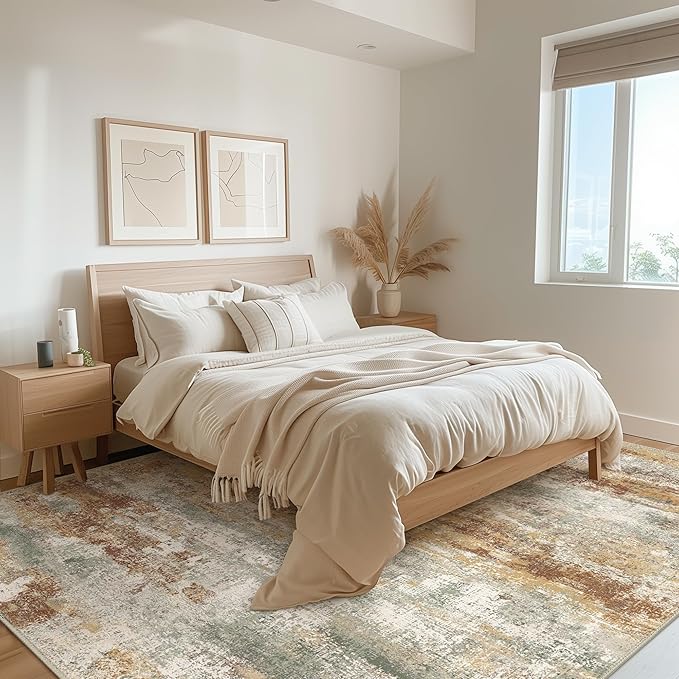 Area Rugs 6x9 for Living Room Bedroom, Modern Abstract Machine Washable Rug, Soft Low Pile Floor Cover with Non Slip Backing for Dining Room, Orange Green