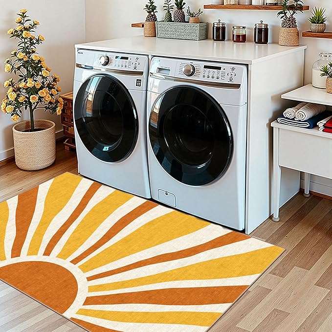 3x5 Boho Entry Rug - Small Washable Indoor Outdoor Mats for Front Door Non-Slip Porch Rug Orange Modern Retro Sun Throw Rugs for Living Room Bedroom Entryway Kitchen Office Porch Decor