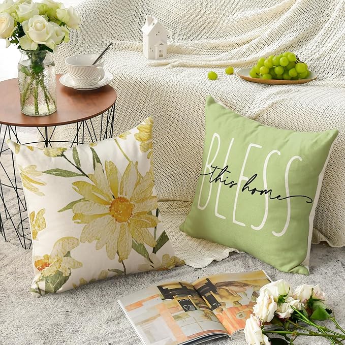 AVOIN colorlife Home Sweet Home Spring Summer Flowers Green Throw Pillow Covers, 18 x 18 Inch Cushion Case for Sofa Couch Set of 4