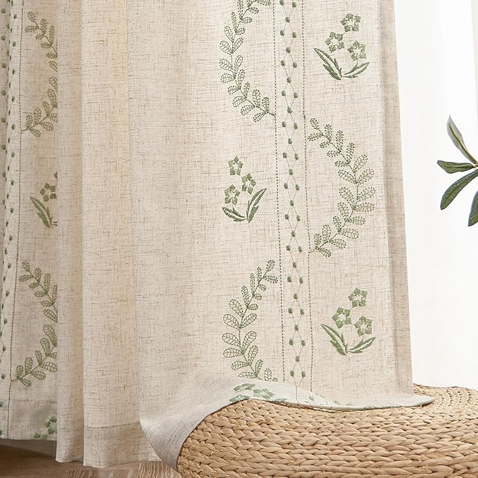 jinchan Belrose Linen Curtains for Bedroom Floral Curtains 96 Inch Length Linen Blend Sage Green Embroidered Drapes Farmhouse Flower Patterned Drapes for Living Room Window Treatments Set 2 Panels