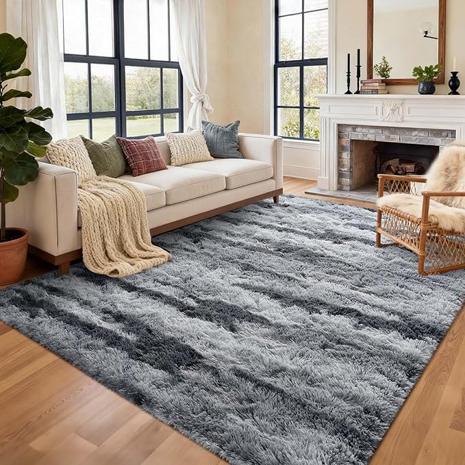 8x10 Ft Extra Large Shag Rugs for Living Room, Tie Dyed Ultra Soft Fluffy Furry Area Rugs for Bedroom Indoor Floor, Aesthetic Carpet for Kids Home Decor (Grey)
