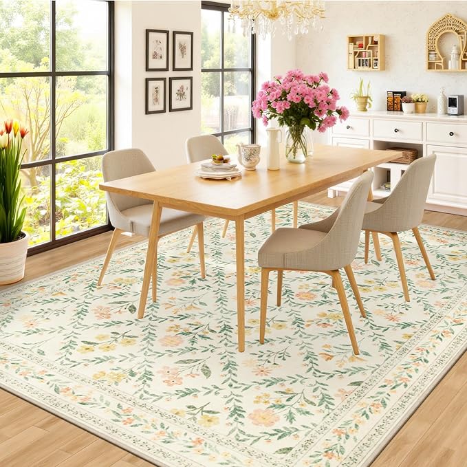 8x10 Area Rugs for Living Room: Floral Washable Rug Vintage Large Soft Boho Non-Slip Carpet Indoor Floor Stain Resistant Carpets for Bedroom Dining Room Farmhouse Nursery Home Office Beige/Multi