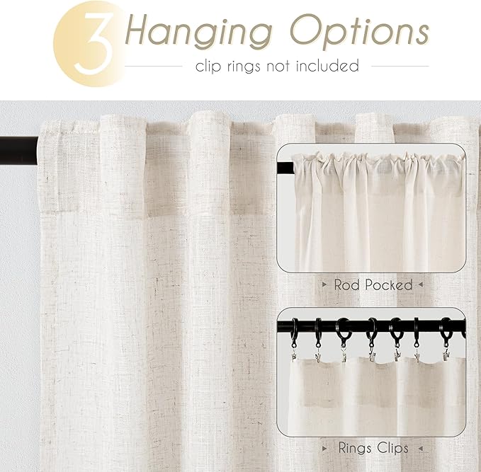 96 inch Long Linen Curtains 2 Panels for Living Room Back Tab Cream Ivory Light Filtering Semi Sheer Curtain 96 inches Long Boho Farmhouse Linen Drapes Floor to Ceiling Length 8 FT 42x96